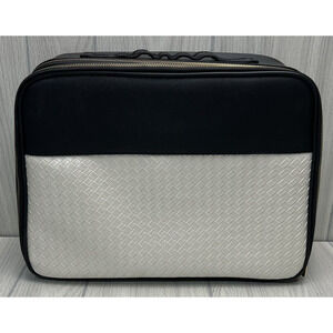 Makeup Jewelry Case XL Ivory & Black Adjustable Sections Pockets Mirror